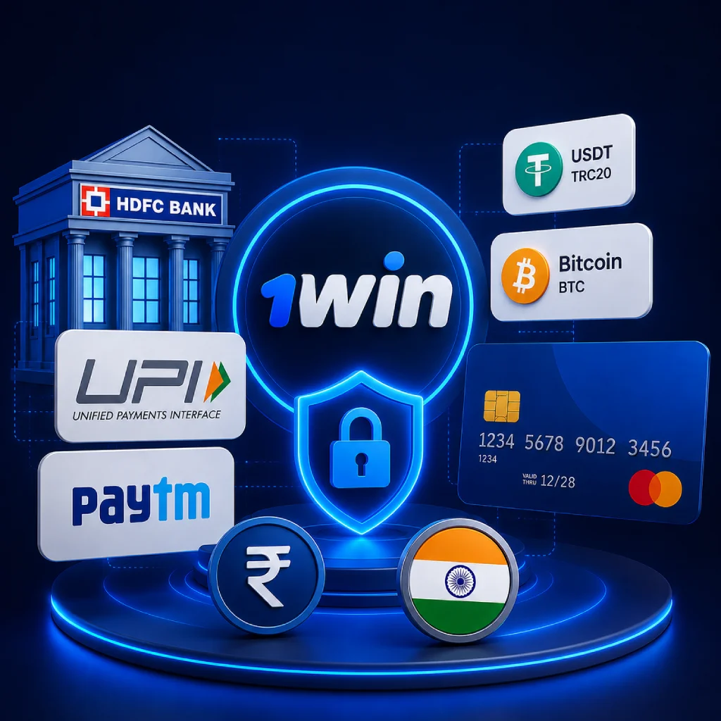 1win India payment methods banner featuring HDFC Bank, UPI, Paytm, bank card, USDT and Bitcoin options