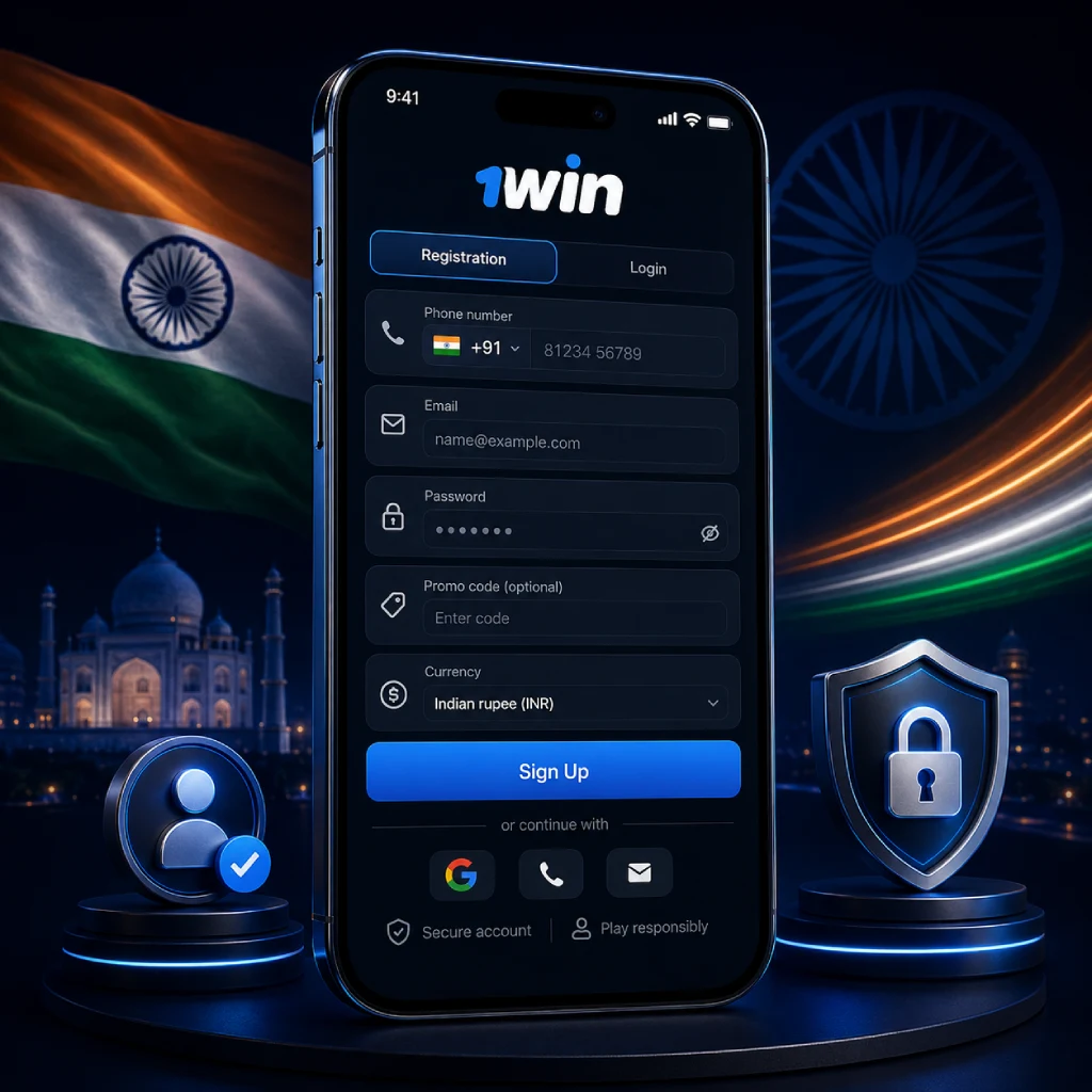 1win India registration banner showing a smartphone sign-up form with +91 phone number and INR currency