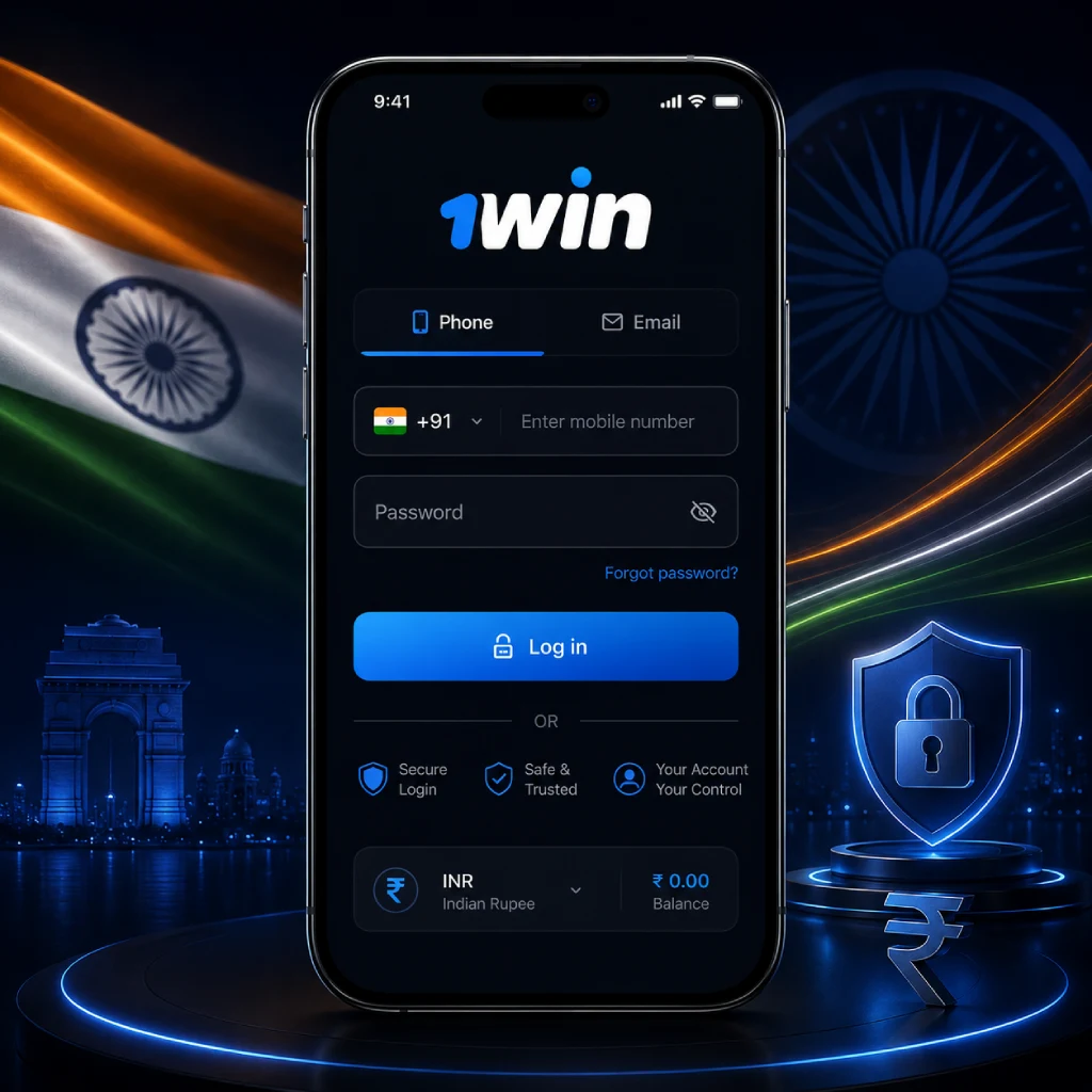 1win India login form with +91 phone access, INR account details and secure sign-in elements